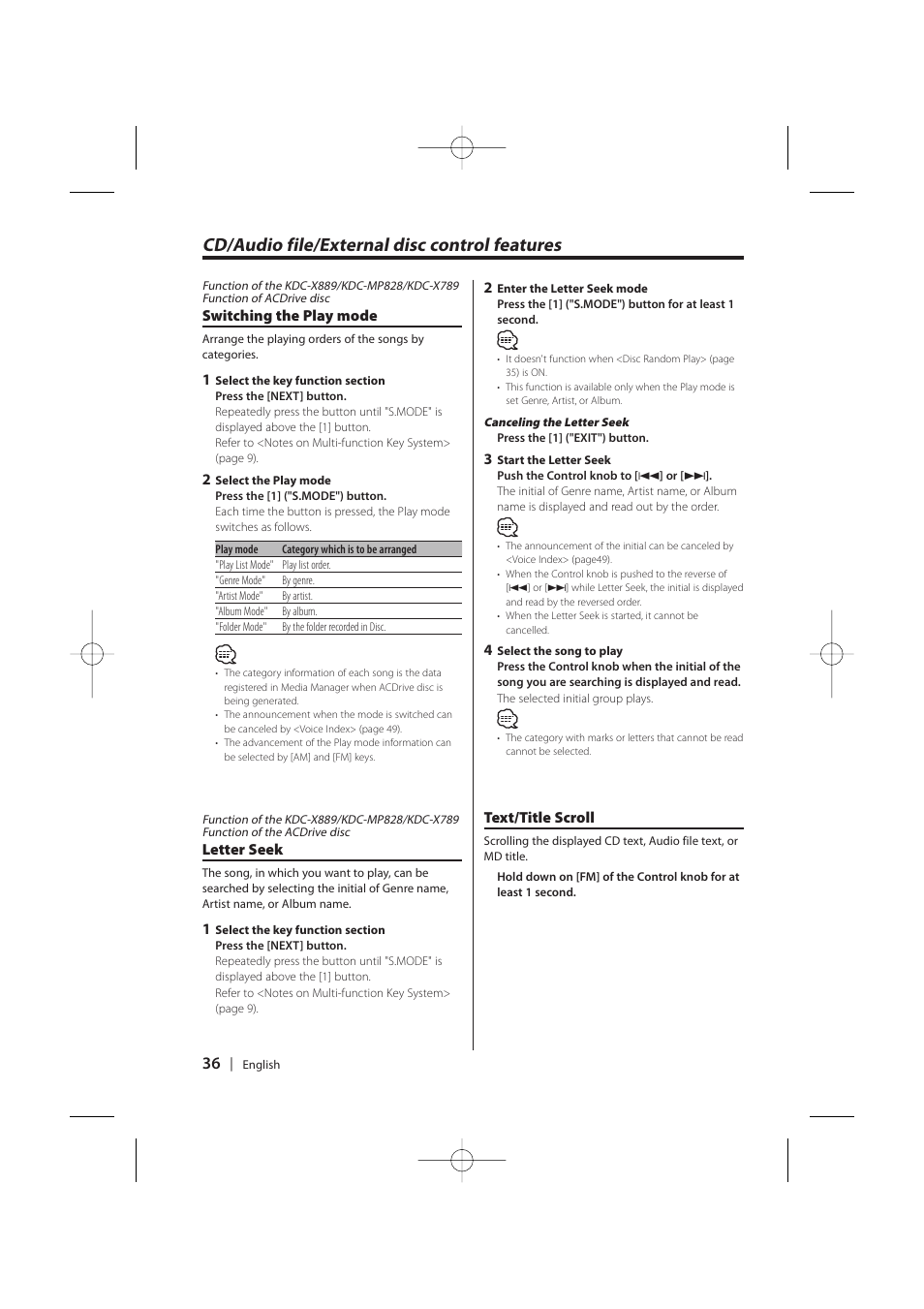 Cd/audio file/external disc control features | Kenwood KDC-MP628 User Manual | Page 36 / 64