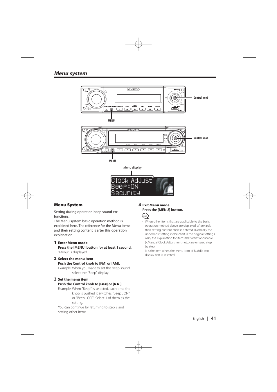 Menu system | Kenwood KDC-MP628 User Manual | Page 41 / 64