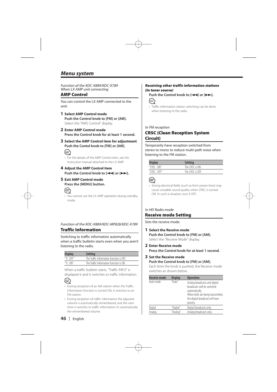 Menu system | Kenwood KDC-MP628 User Manual | Page 46 / 64