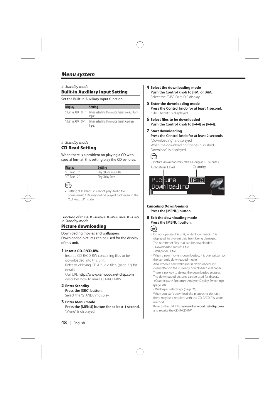 Menu system | Kenwood KDC-MP628 User Manual | Page 48 / 64