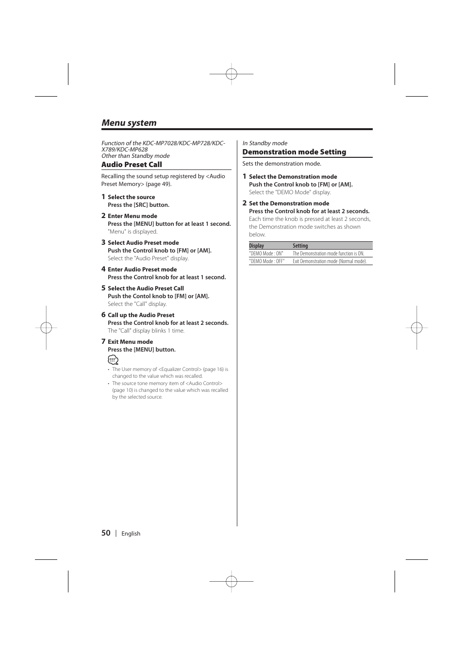 Menu system | Kenwood KDC-MP628 User Manual | Page 50 / 64