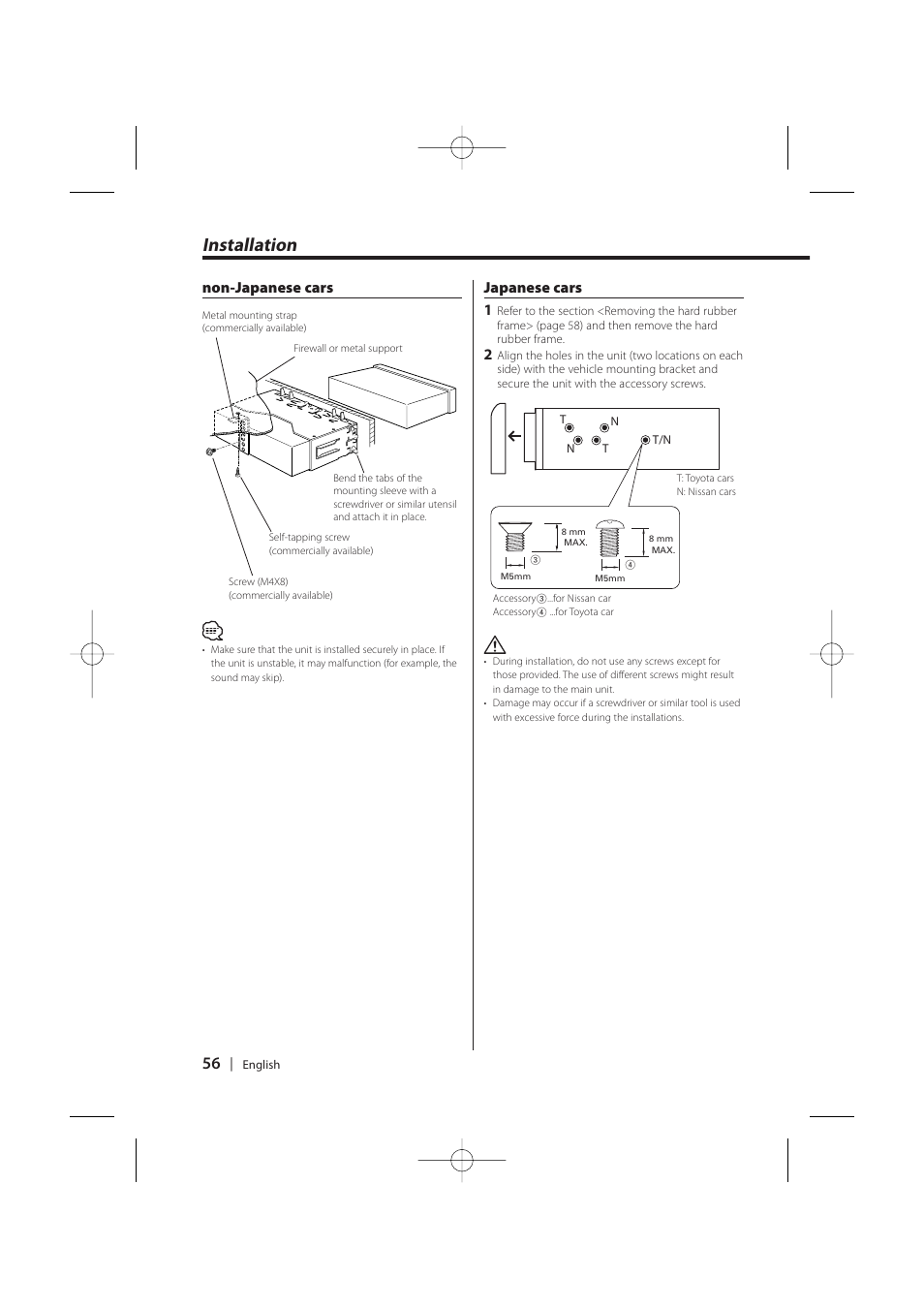 Installation, Non-japanese cars japanese cars 1 | Kenwood KDC-MP628 User Manual | Page 56 / 64