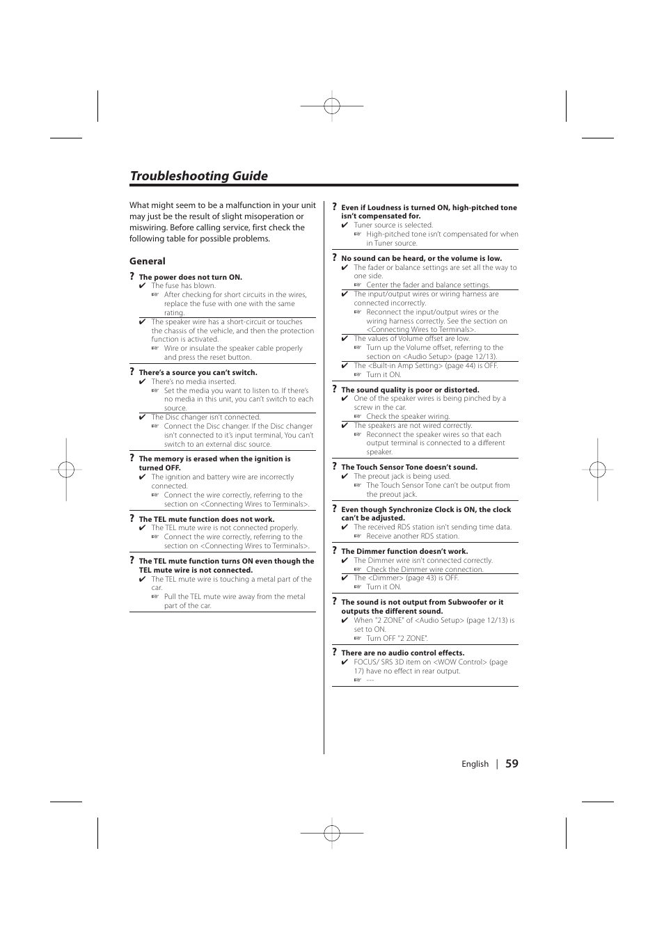 Troubleshooting guide | Kenwood KDC-MP628 User Manual | Page 59 / 64