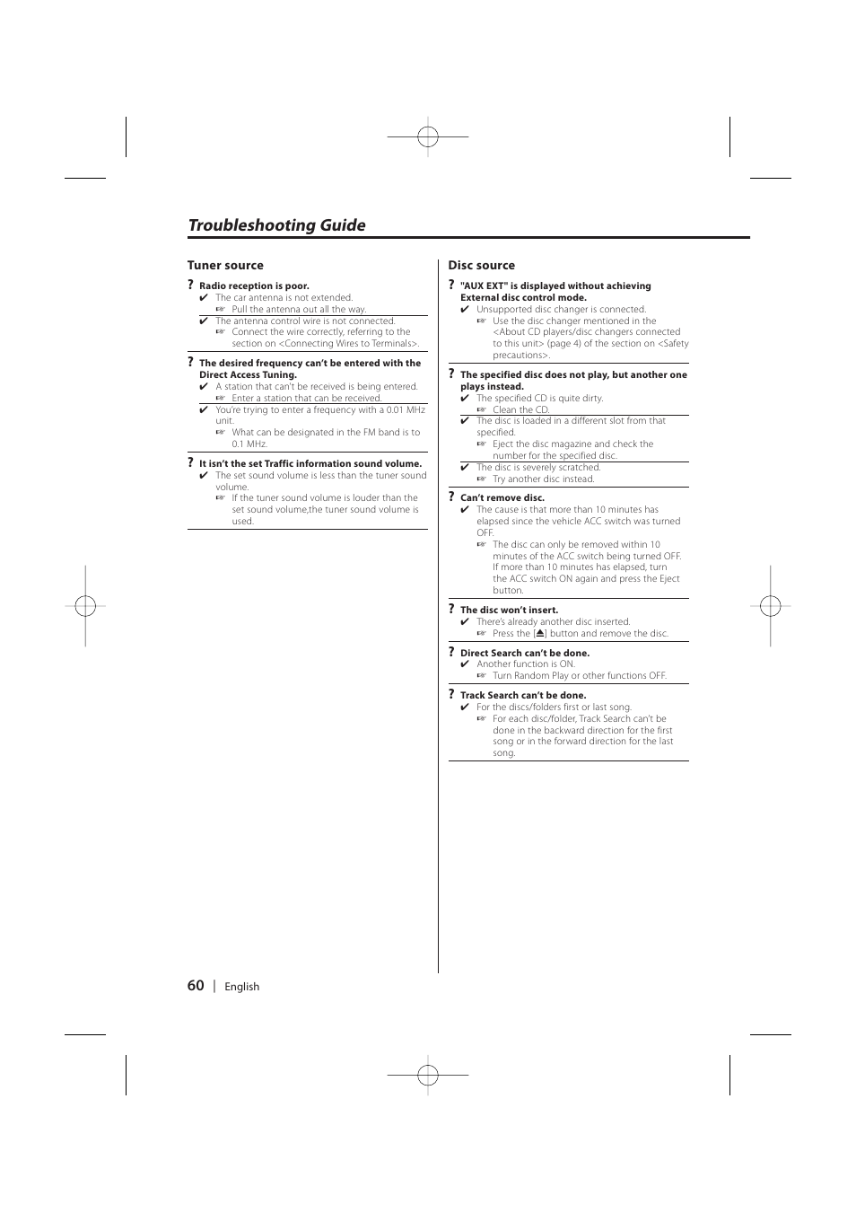 Troubleshooting guide | Kenwood KDC-MP628 User Manual | Page 60 / 64