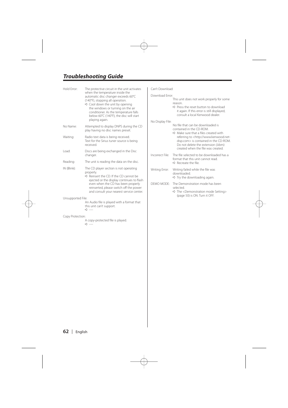 Troubleshooting guide | Kenwood KDC-MP628 User Manual | Page 62 / 64