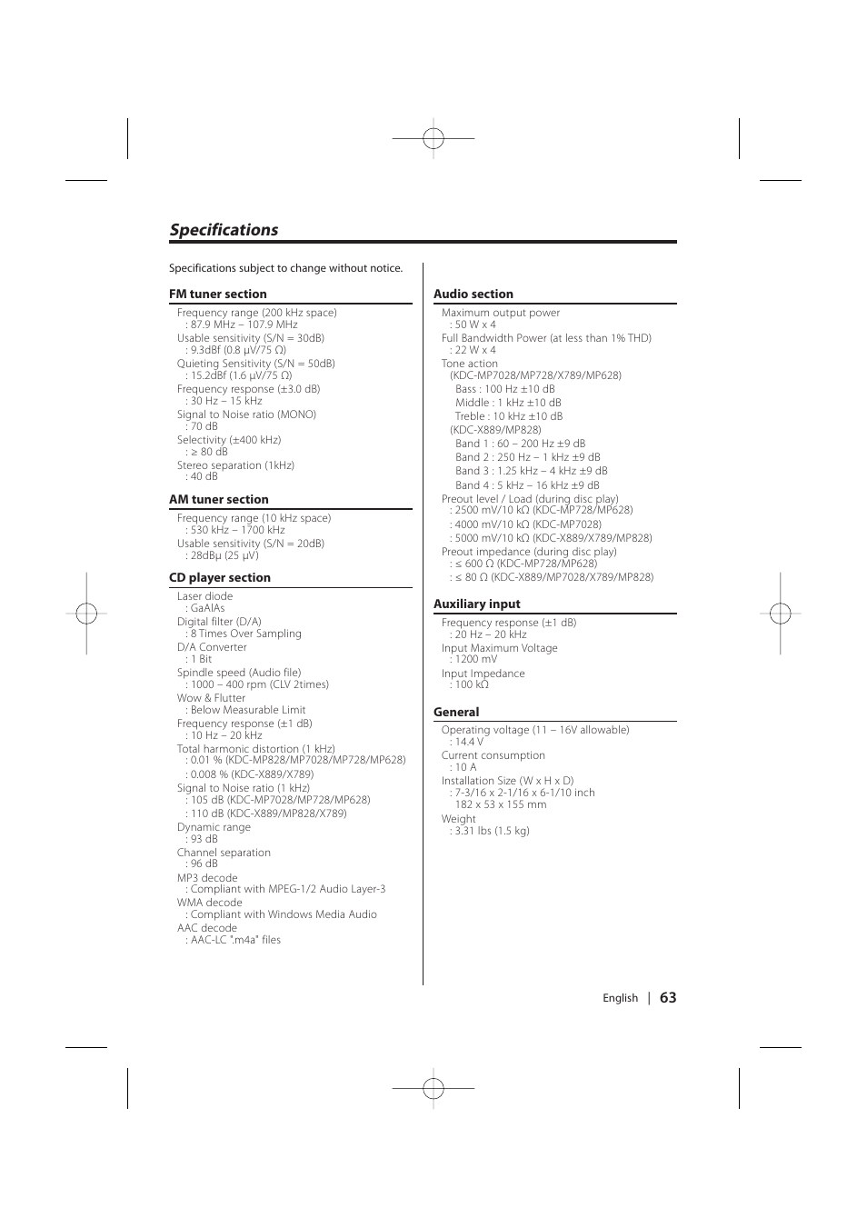 Specifications | Kenwood KDC-MP628 User Manual | Page 63 / 64