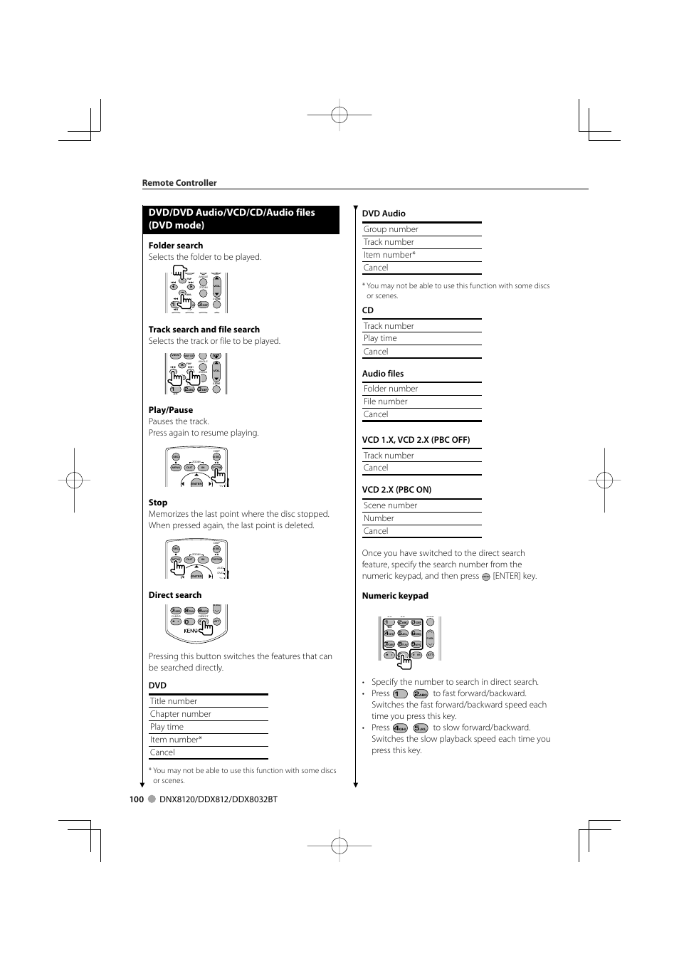 Dvd/dvd audio/vcd/cd/audio files (dvd mode), Enter] key. numeric keypad, Folder search selects the folder to be played | Direct search, Remote controller | Kenwood Excelon DDX812 User Manual | Page 100 / 112