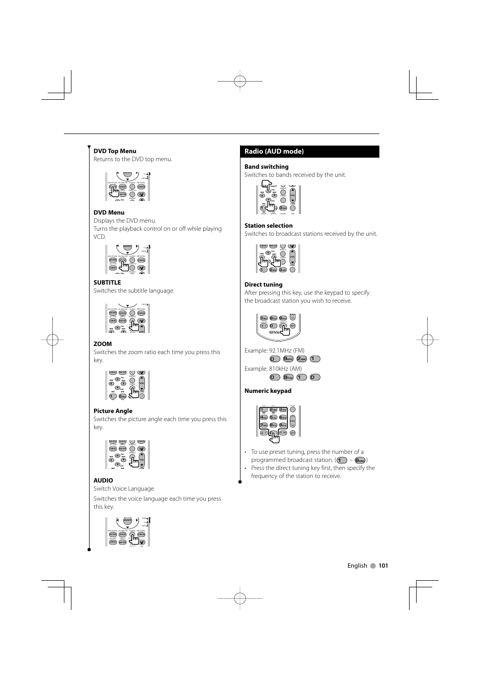 Radio (aud mode), Subtitle switches the subtitle language, Example: 92.1mhz (fm) | Example: 810khz (am), Numeric keypad | Kenwood Excelon DDX812 User Manual | Page 101 / 112