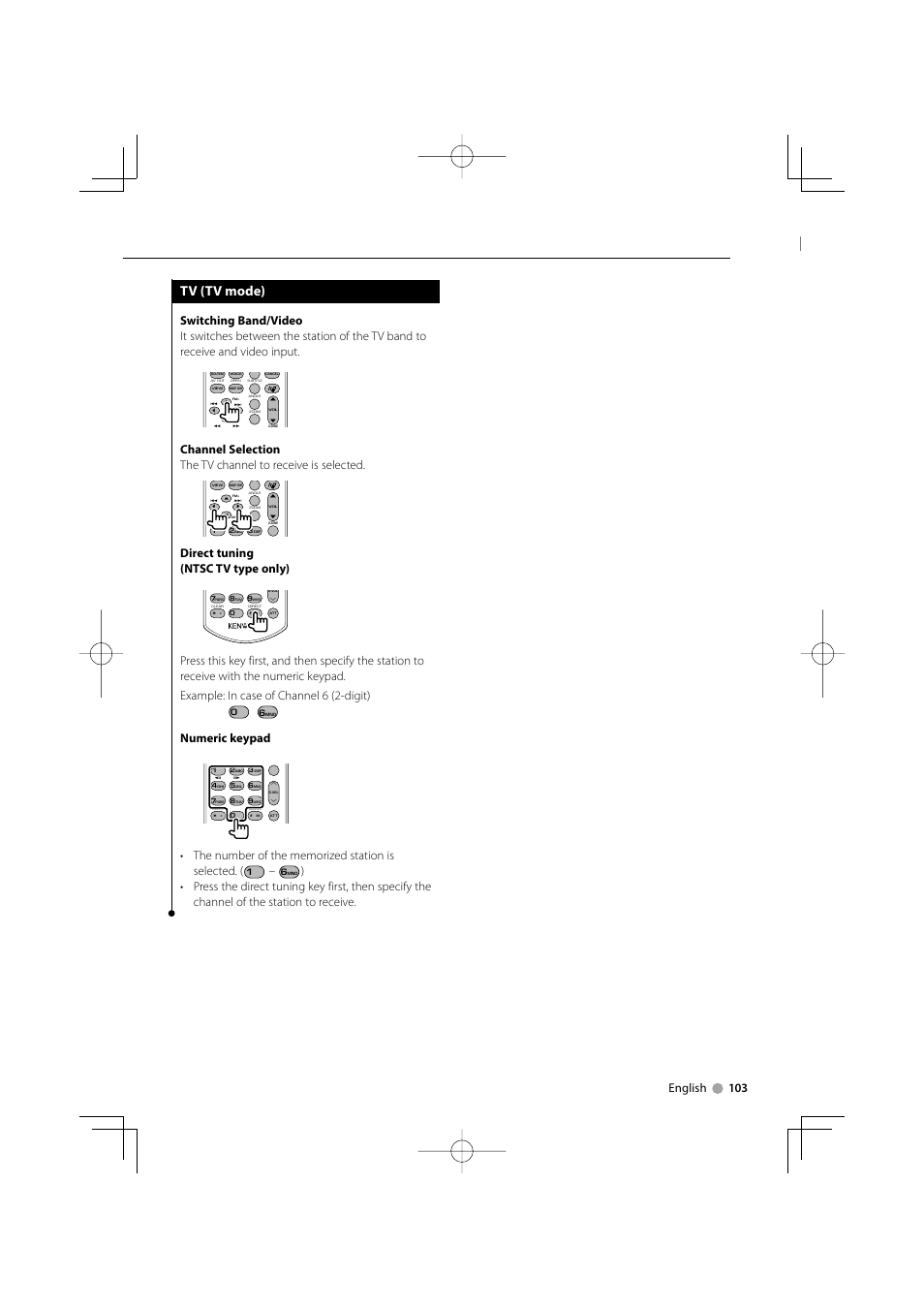 Tv (tv mode), English 103, Direct tuning (ntsc tv type only) | Numeric keypad | Kenwood Excelon DDX812 User Manual | Page 103 / 112