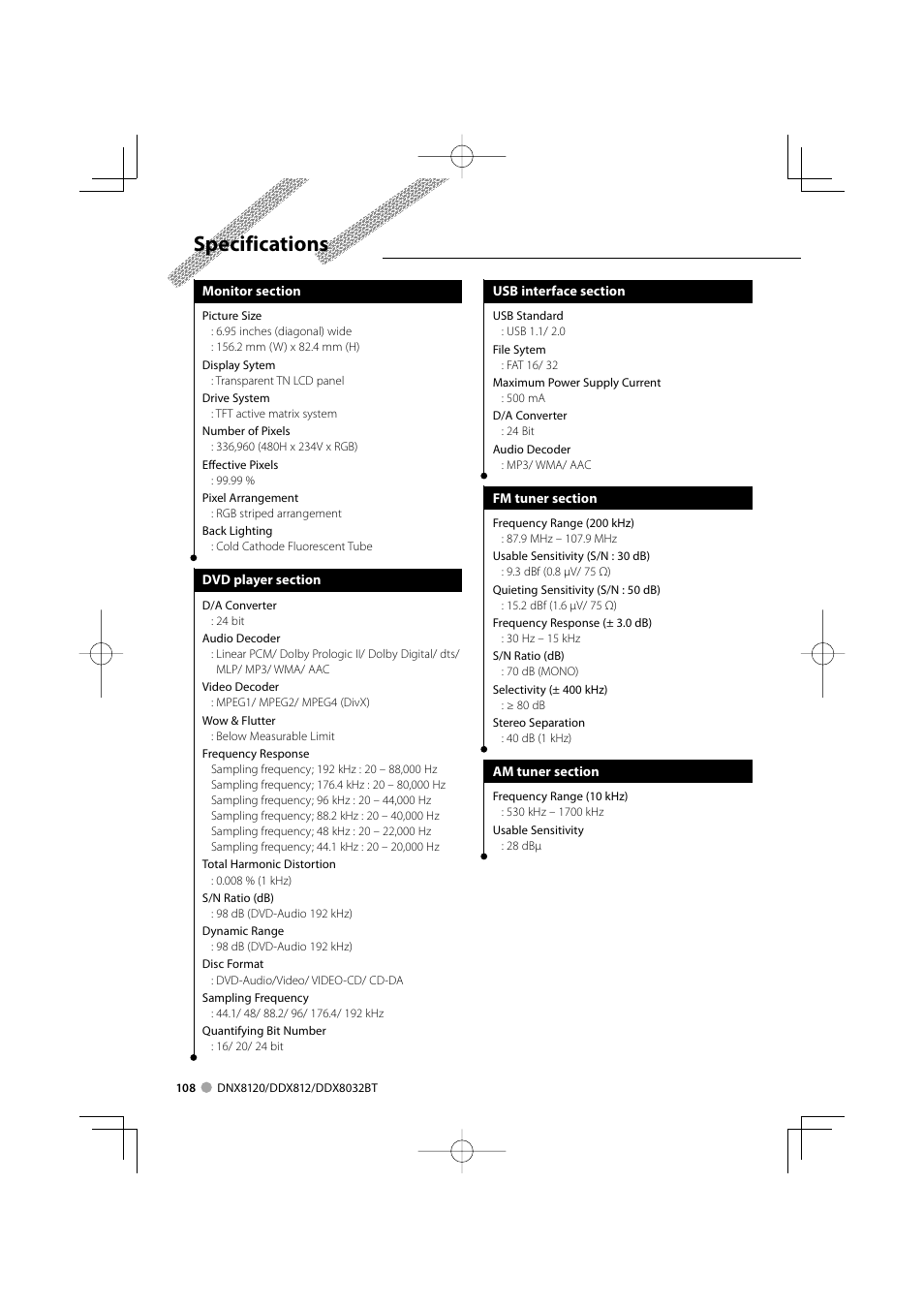 Specifications | Kenwood Excelon DDX812 User Manual | Page 108 / 112