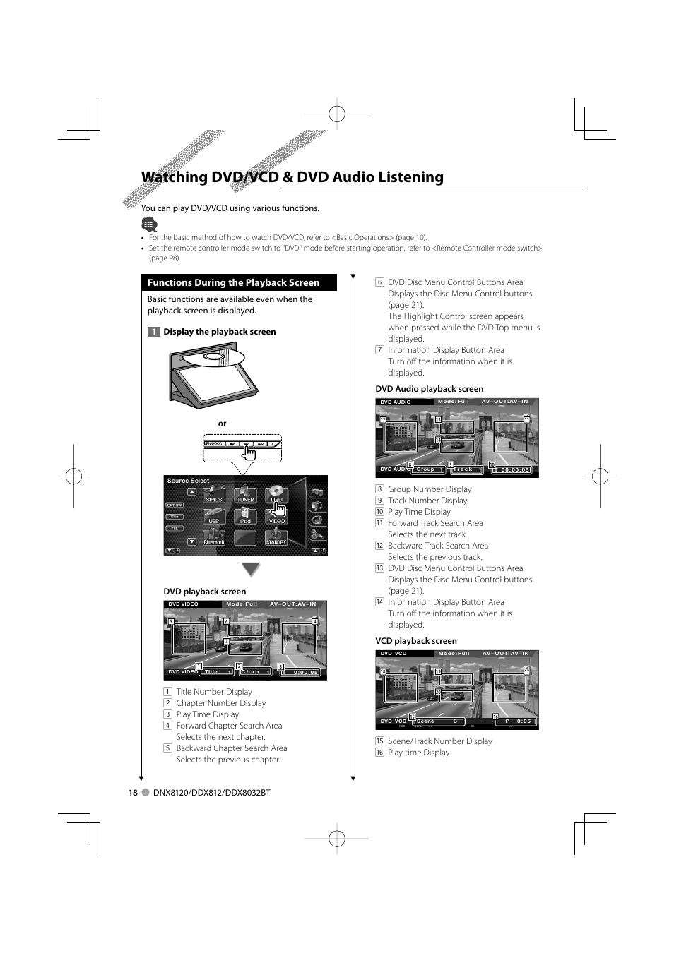 Watching dvd/vcd & dvd audio listening, Functions during the playback screen | Kenwood Excelon DDX812 User Manual | Page 18 / 112