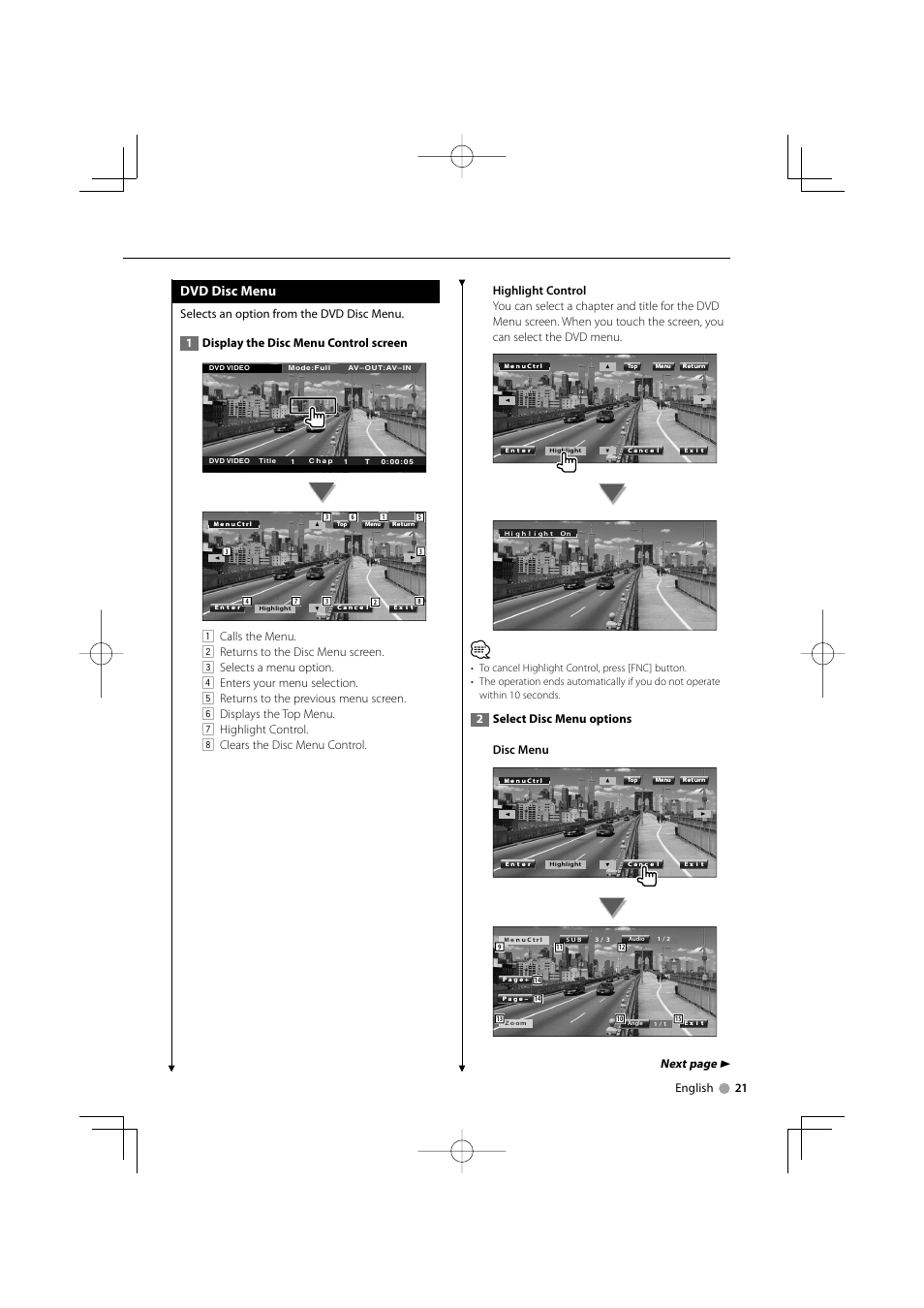 Dvd disc menu, Next page 3, English 21 | 2select disc menu options disc menu | Kenwood Excelon DDX812 User Manual | Page 21 / 112