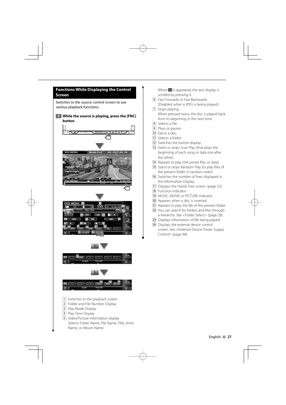 Functions while displaying the control screen | Kenwood Excelon DDX812 User Manual | Page 27 / 112