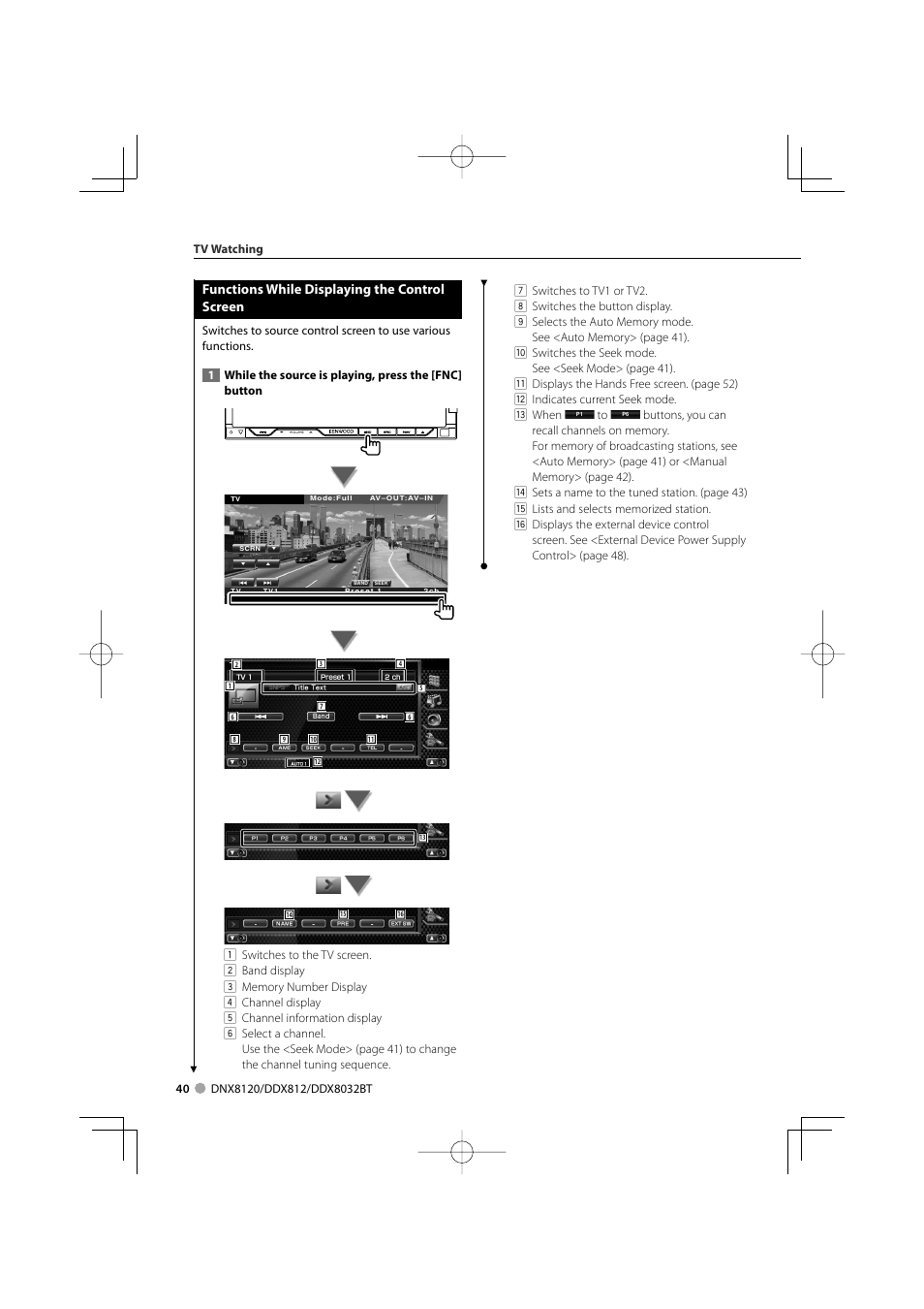 Functions while displaying the control screen | Kenwood Excelon DDX812 User Manual | Page 40 / 112