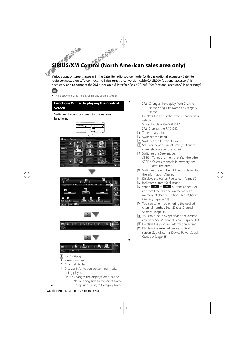 Sirius/xm control (north american sales area only) | Kenwood Excelon DDX812 User Manual | Page 44 / 112