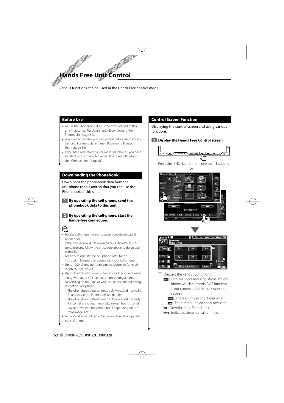 Hands free unit control | Kenwood Excelon DDX812 User Manual | Page 52 / 112