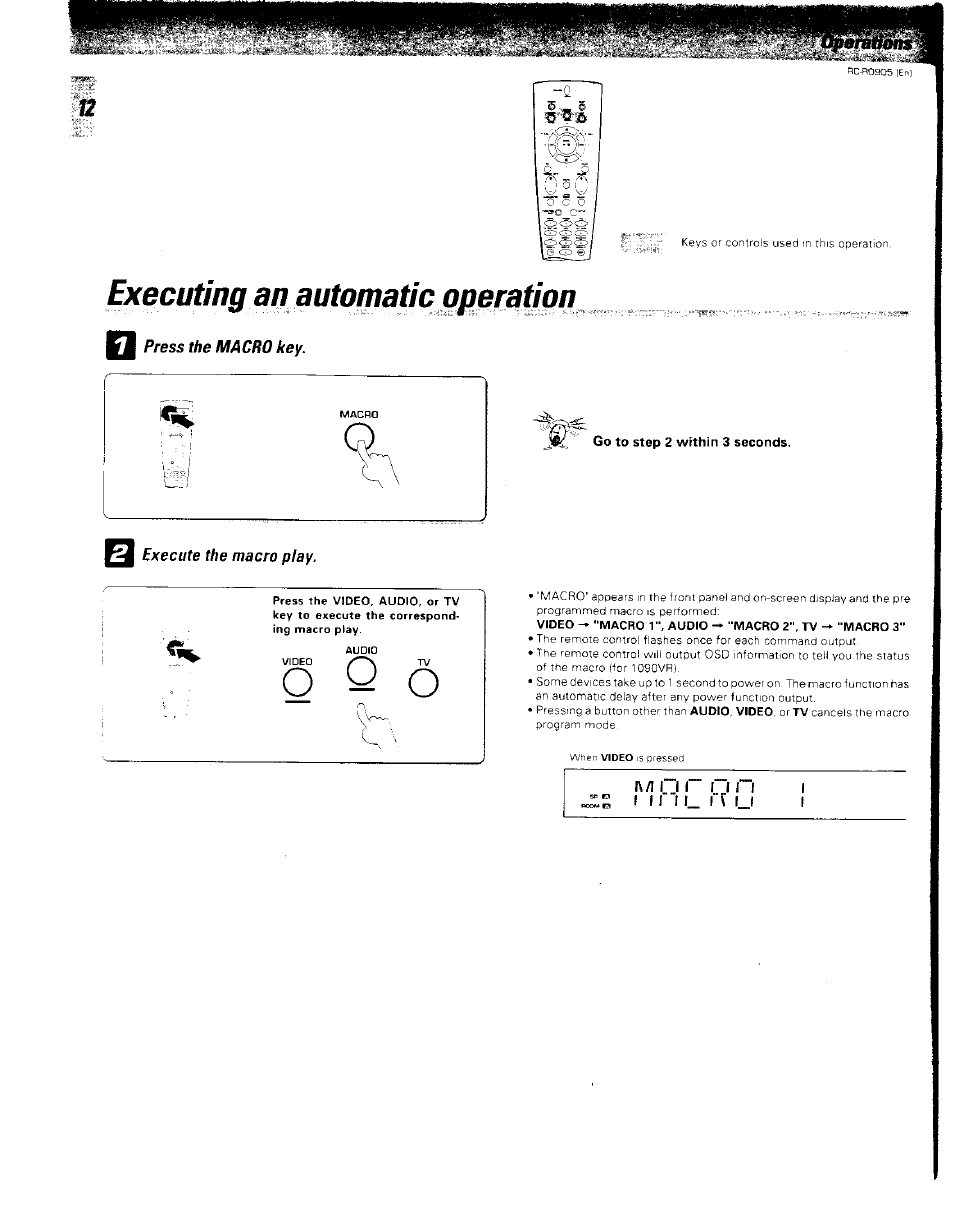 Press the macro key, Execute the macro play, Go to step 2 within 3 seconds | Executing an automatic | Kenwood RC-R0905 User Manual | Page 12 / 27