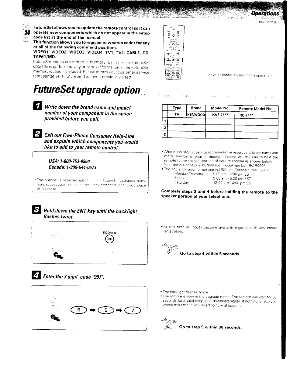 Go to step 4 within 5 seconds, Enter the 3 digit code '*997, Go to step 5 within 30 seconds | Futureset upgrade option, Operations | Kenwood RC-R0905 User Manual | Page 14 / 27