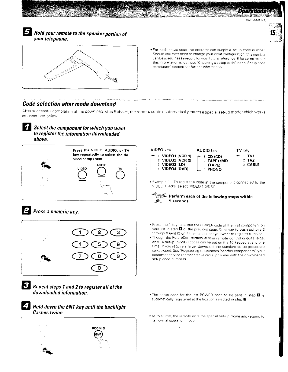 Code selection after mode download, 1 tv1, 2 tv2 | 3 cable, Press a numeric key | Kenwood RC-R0905 User Manual | Page 15 / 27