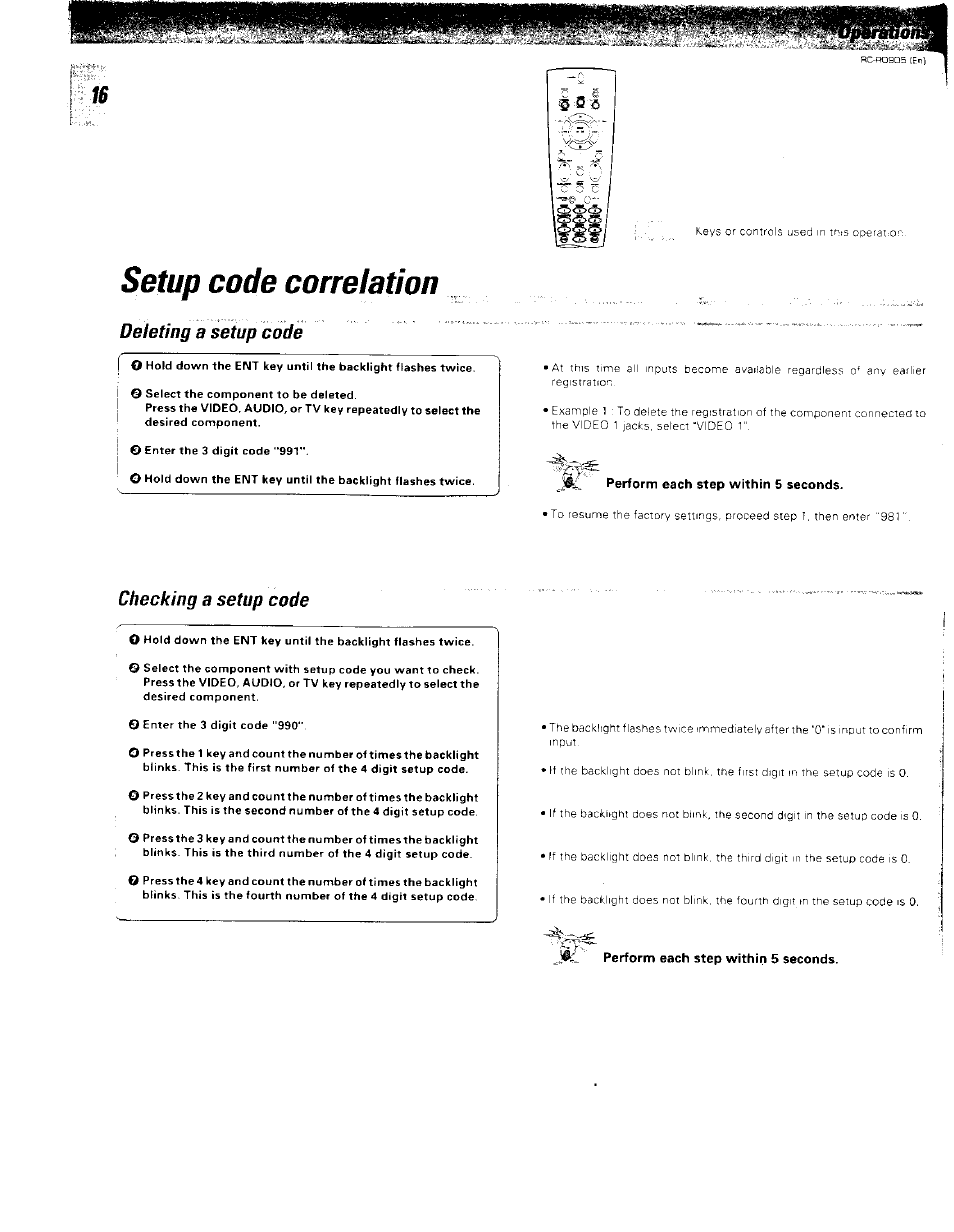 Deleting a setup code, Checking a setup code, Setup code correlation | Kenwood RC-R0905 User Manual | Page 16 / 27