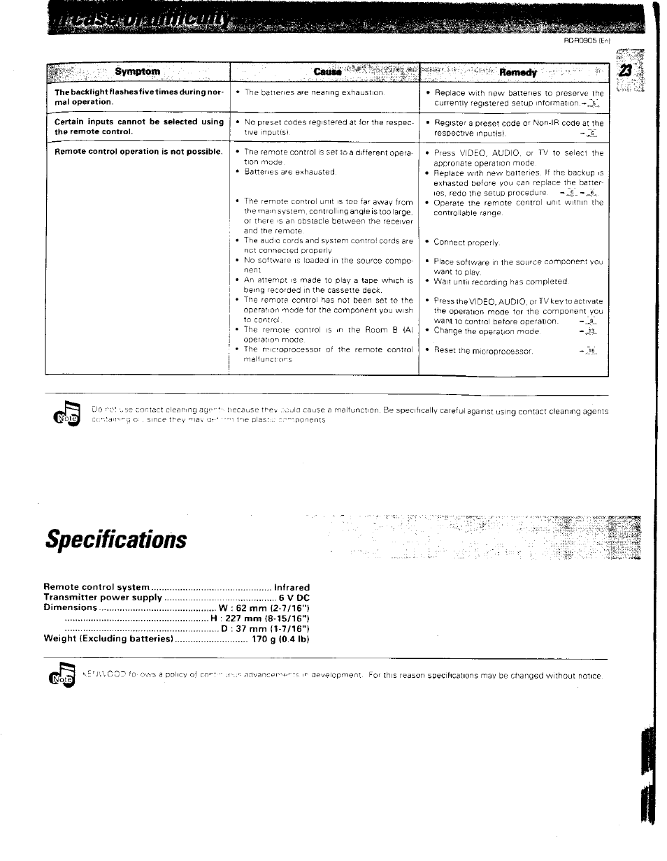 Remote control system infrared, Specifications | Kenwood RC-R0905 User Manual | Page 23 / 27