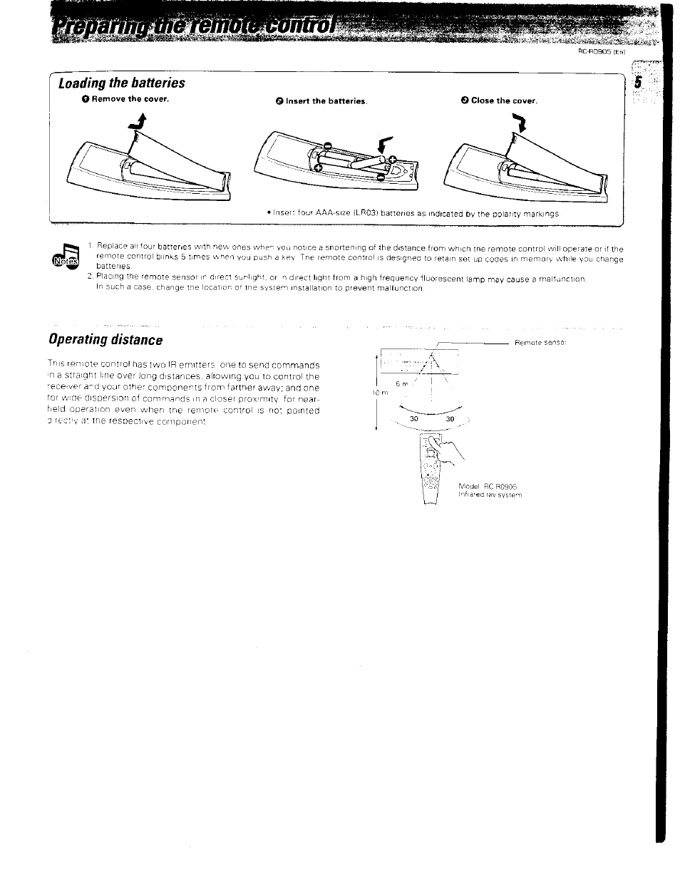 Loading the batteries, Operating distance | Kenwood RC-R0905 User Manual | Page 5 / 27