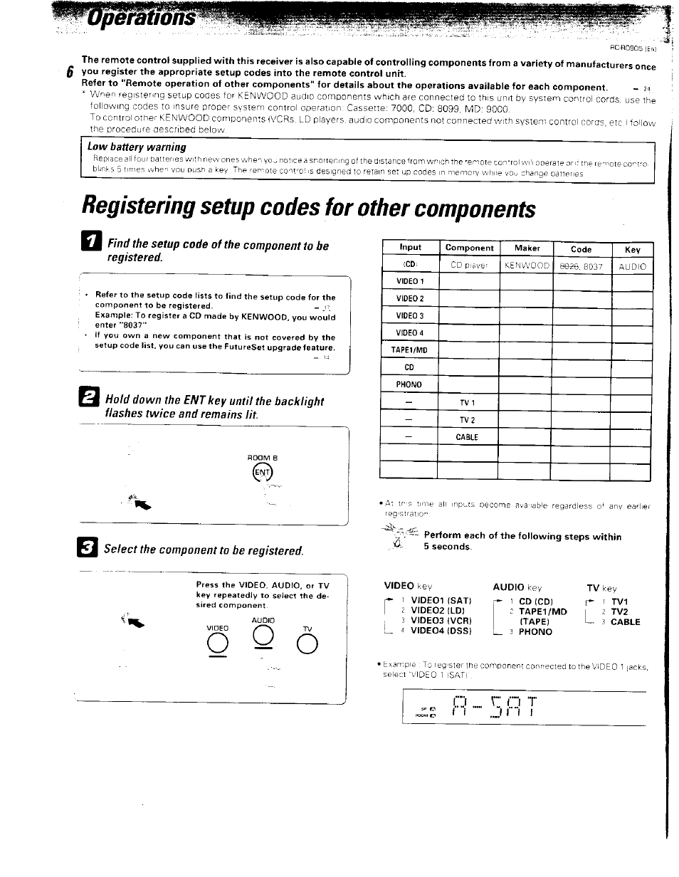 Low battery warning, O q o, Registering setup codes for other components | Kenwood RC-R0905 User Manual | Page 6 / 27
