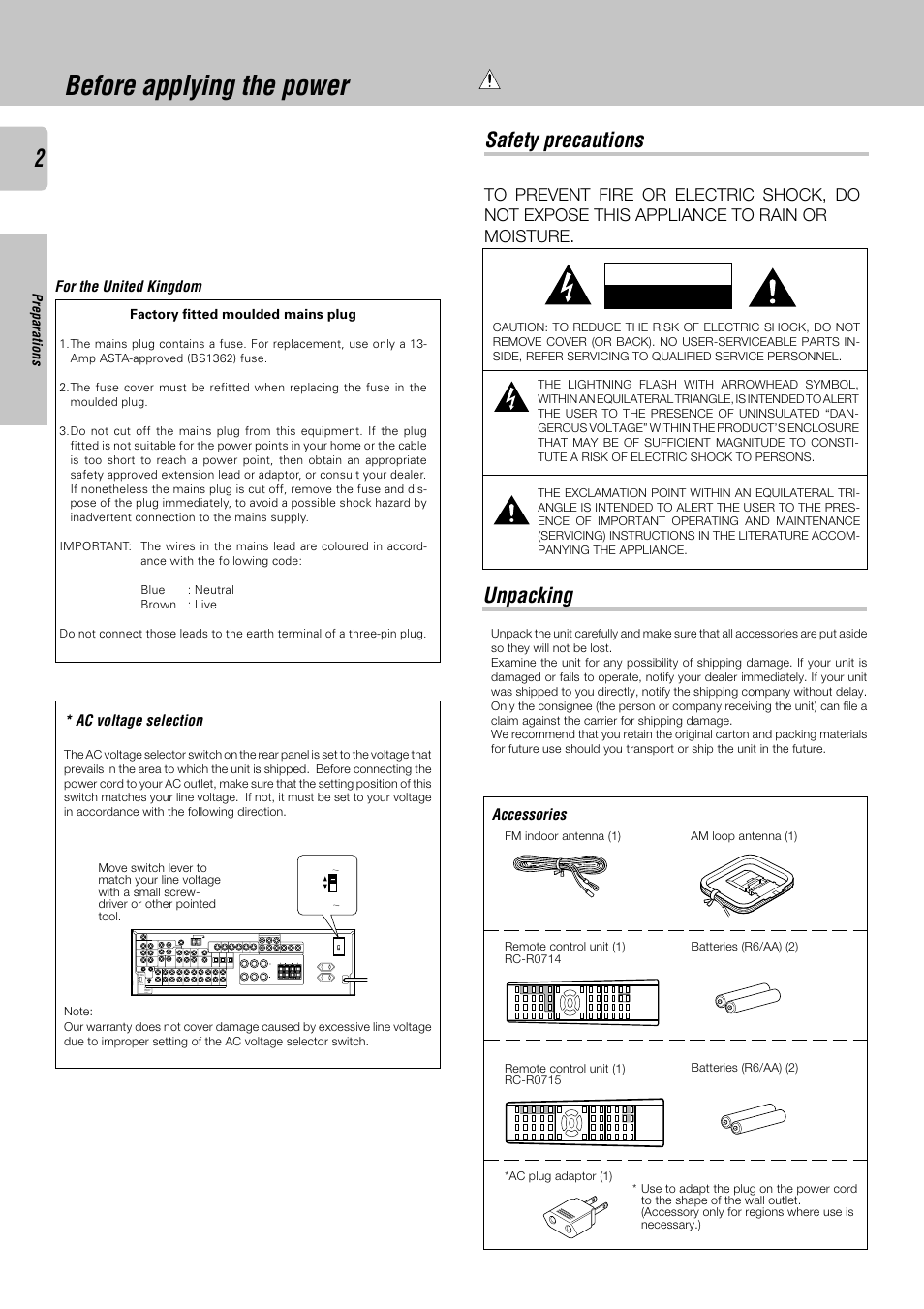 Before applying the power, Safety precautions unpacking, Warning | Kenwood KRF-X9050D User Manual | Page 2 / 52