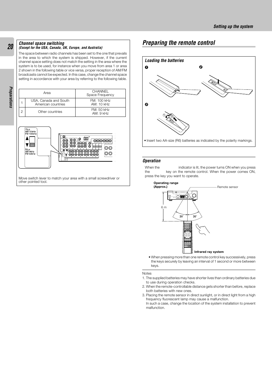 Preparing the remote control, Channel space switching, Operation | Loading the batteries, Setting up the system, Preparations, Video 3 video 2 video 1 s video, Play in, Play in rec out play in monitor out video 1 dvd | Kenwood KRF-X9050D User Manual | Page 20 / 52