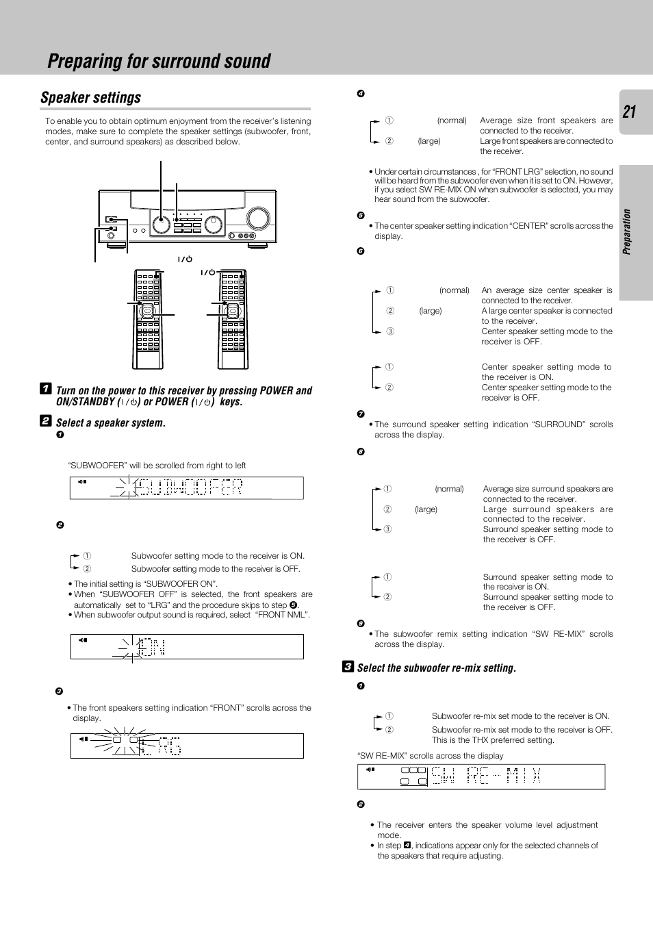 Preparing for surround sound, Speaker settings, Select the subwoofer re-mix setting | Preparation | Kenwood KRF-X9050D User Manual | Page 21 / 52