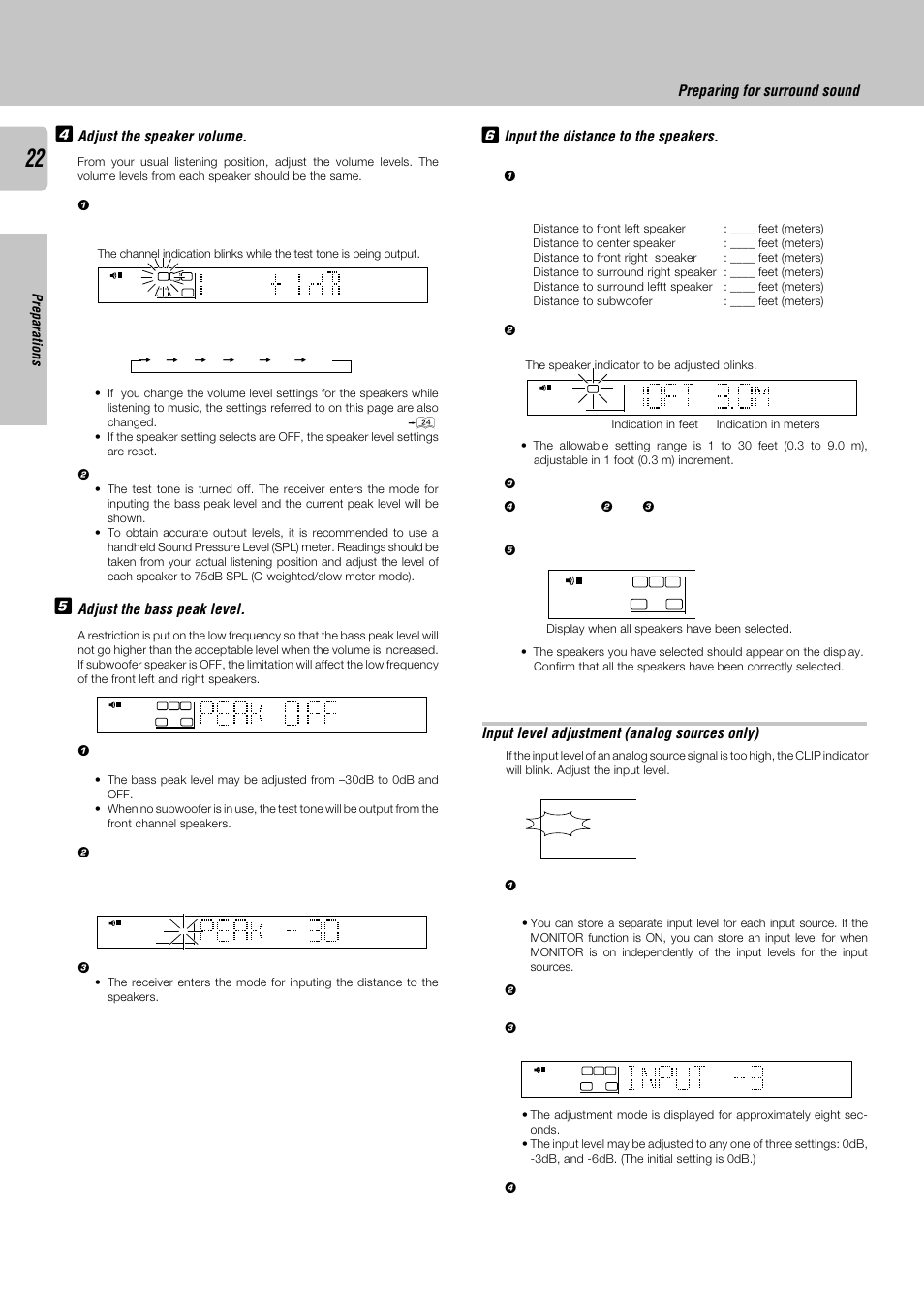 Adjust the speaker volume, Adjust the bass peak level, Preparing for surround sound | Input the distance to the speakers, Input level adjustment (analog sources only), Preparations | Kenwood KRF-X9050D User Manual | Page 22 / 52