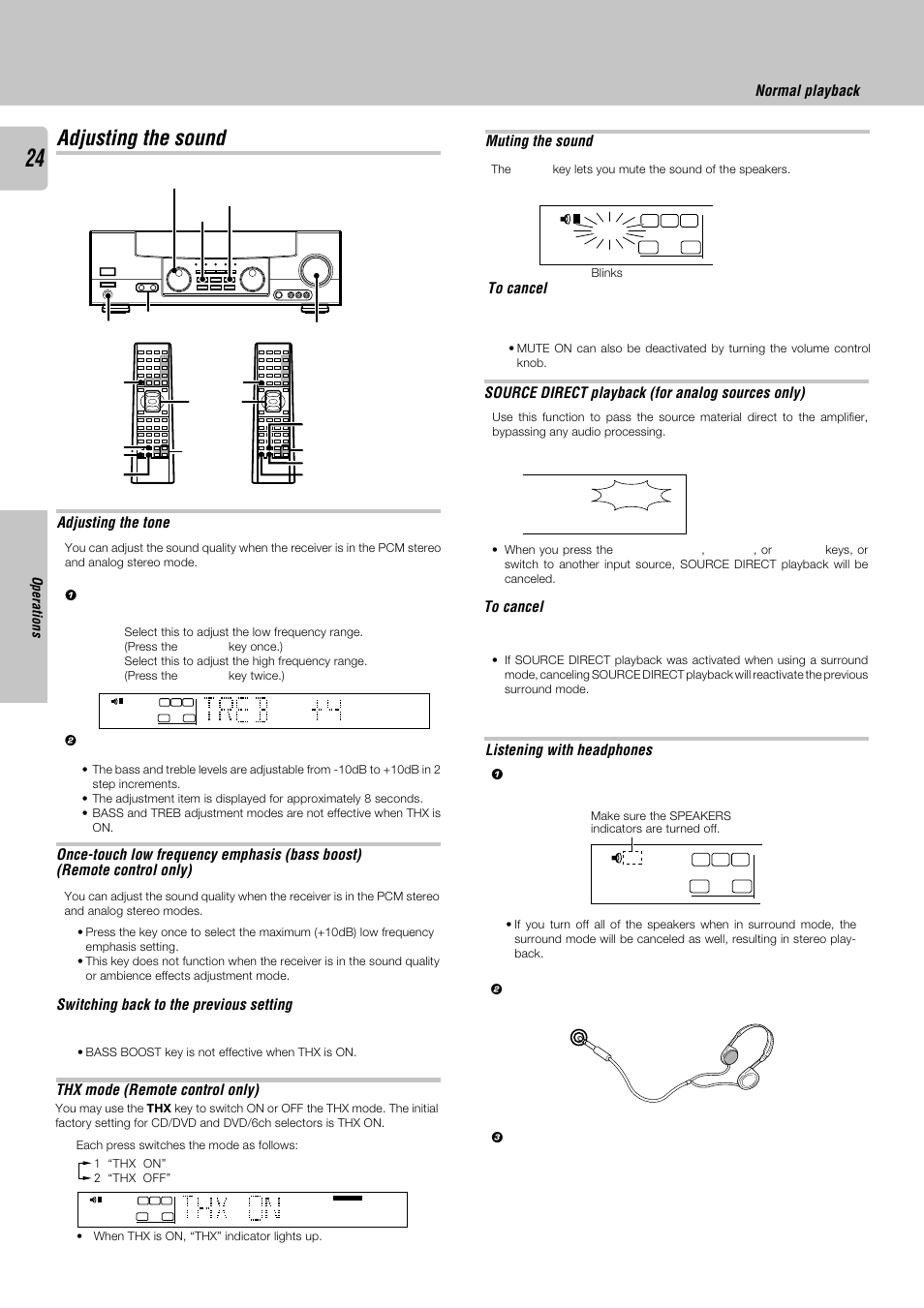 Adjusting the sound, Normal playback, Adjusting the tone | Switching back to the previous setting, Muting the sound, Source direct playback (for analog sources only), Listening with headphones, Thx mode (remote control only), Operations | Kenwood KRF-X9050D User Manual | Page 24 / 52