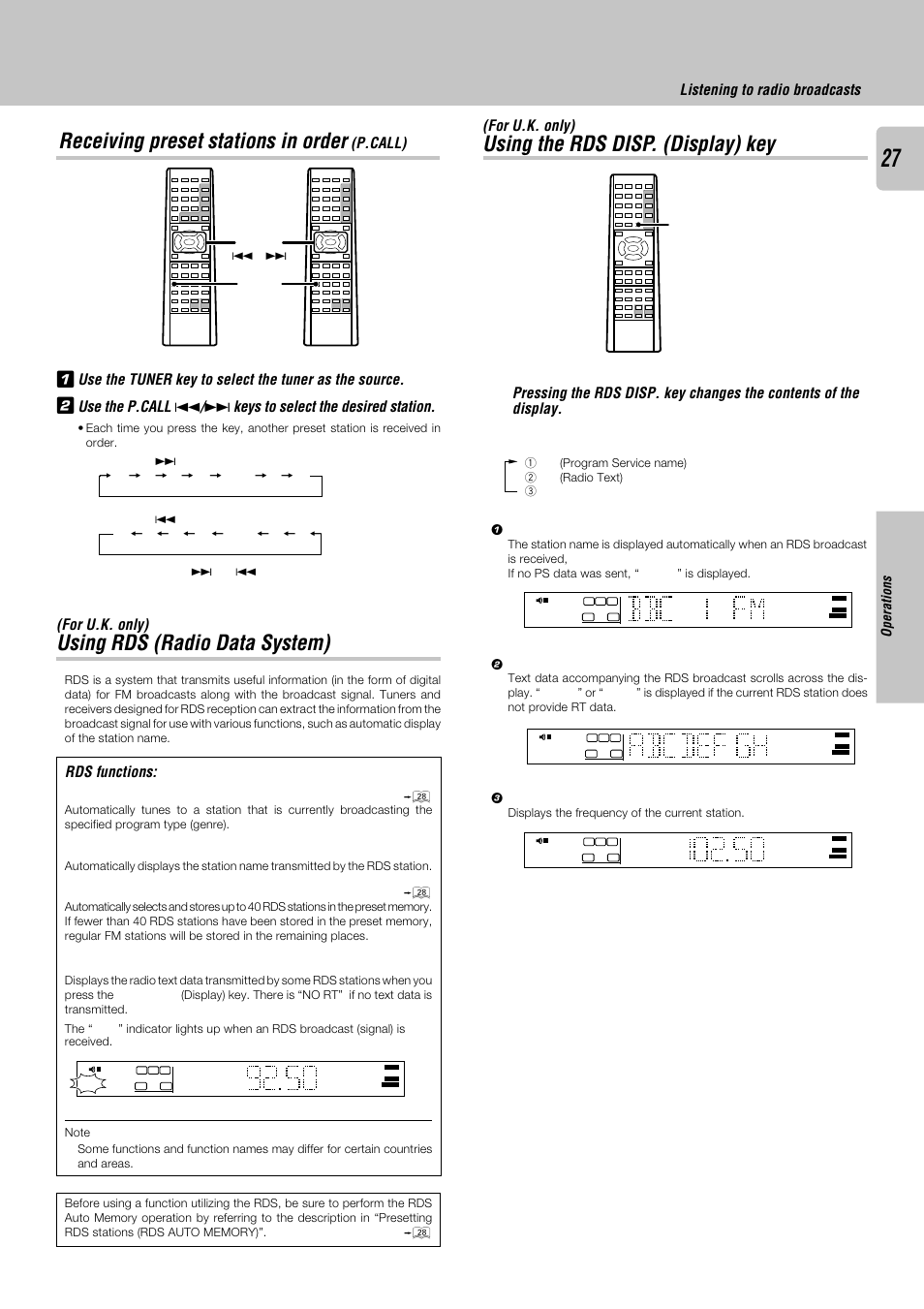 Receiving preset stations in order, Using rds (radio data system), Using the rds disp. (display) key | P.call), Rds functions, For u.k. only), Operations, Tuner p.call 4, Rds disp | Kenwood KRF-X9050D User Manual | Page 27 / 52