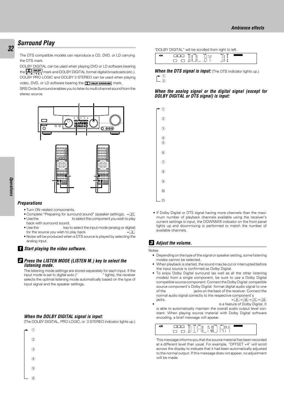 Surround play, Preparations, When the dolby digital signal is input | When the dts signal is input, Ambience effects, Adjust the volume, Operations | Kenwood KRF-X9050D User Manual | Page 32 / 52