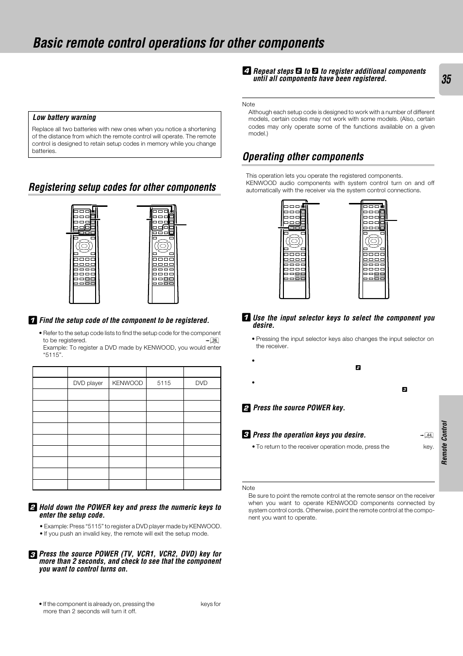 Operating other components, Registering setup codes for other components | Kenwood KRF-X9050D User Manual | Page 35 / 52