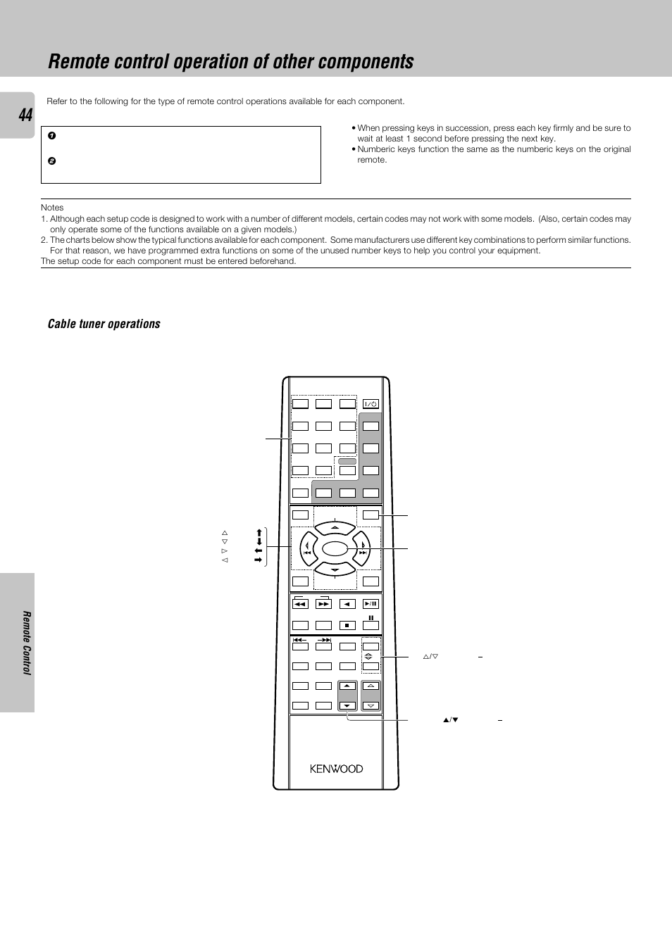 Remote control operation of other components, Cable tuner operations, Remote control | Kenwood KRF-X9050D User Manual | Page 44 / 52