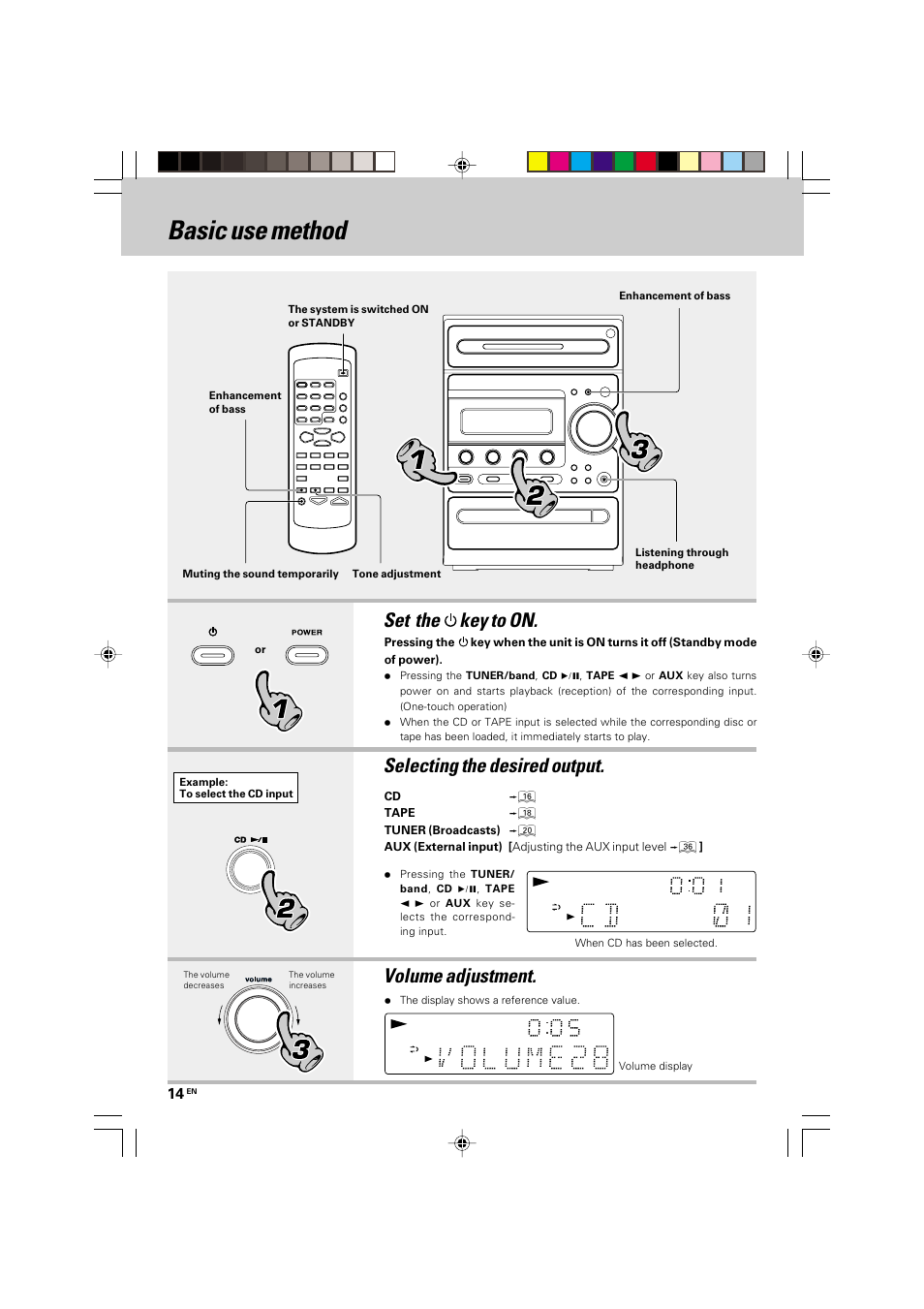 Basic section, Basic use method, Application section | Knowledge section, Set the key to on, Selecting the desired output, Volume adjustment | Kenwood HM-535 User Manual | Page 14 / 48