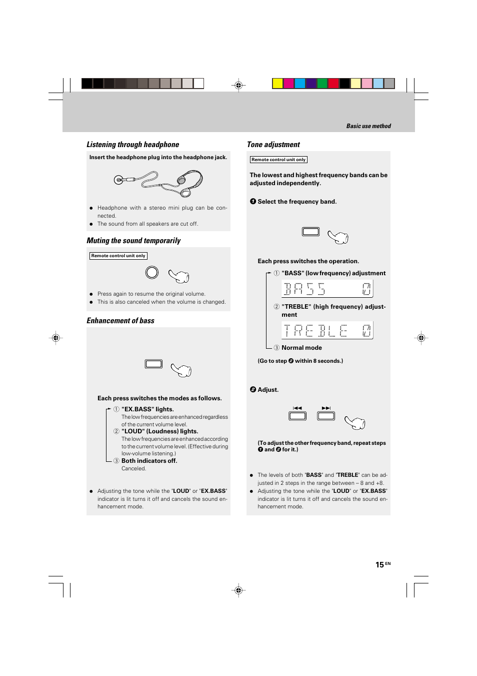 Muting the sound temporarily, Enhancement of bass, Listening through headphone | Tone adjustment | Kenwood HM-535 User Manual | Page 15 / 48