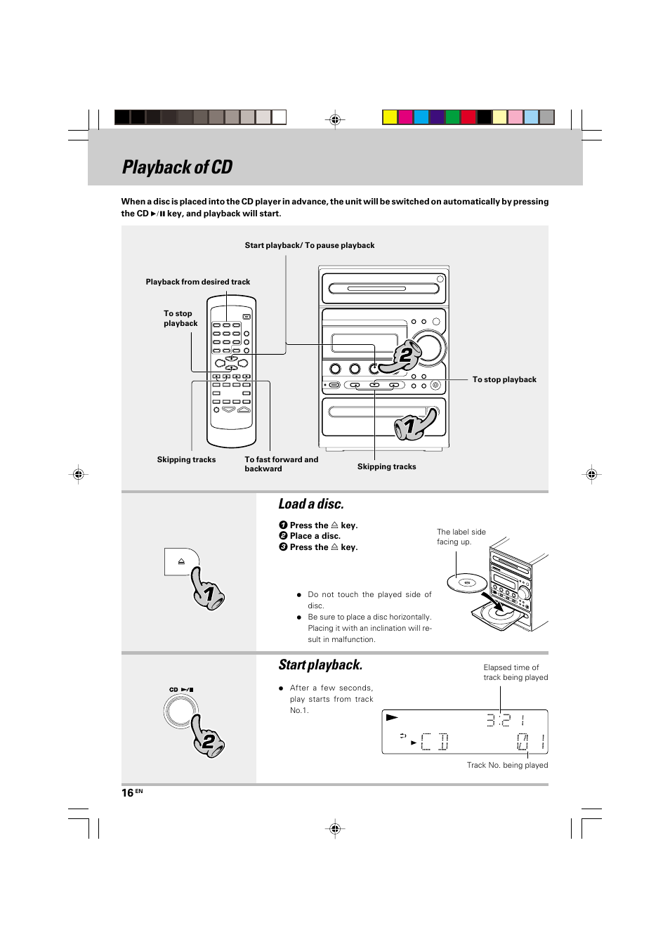 Playback of cd, Load a disc, Start playback | Kenwood HM-535 User Manual | Page 16 / 48