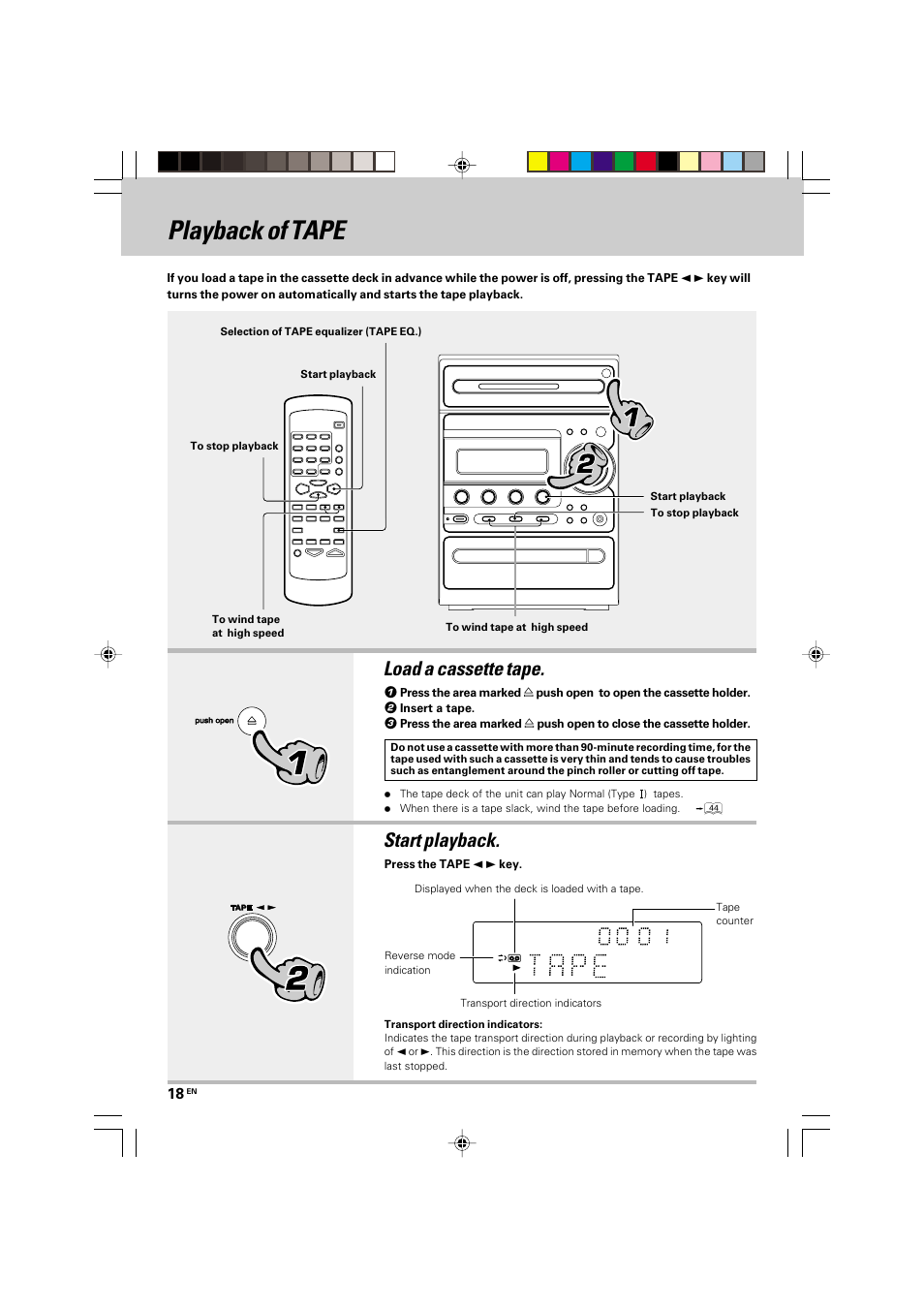 Playback of tape, Load a cassette tape. 2. start playback | Kenwood HM-535 User Manual | Page 18 / 48