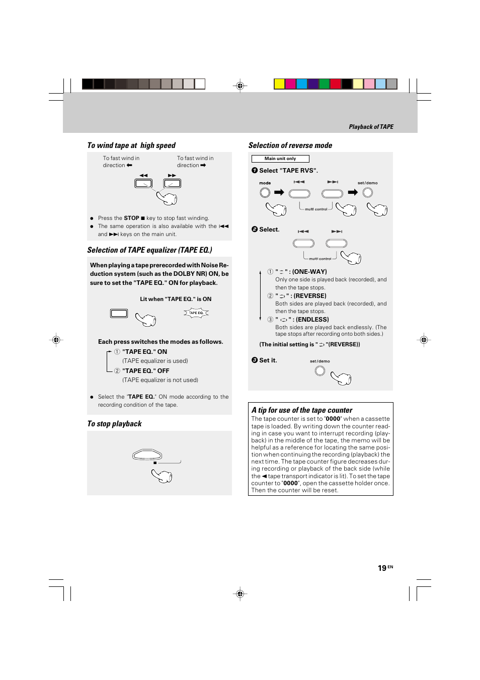 Selection of tape equalizer (tape eq.), Selection of reverse mode to stop playback, A tip for use of the tape counter | Kenwood HM-535 User Manual | Page 19 / 48