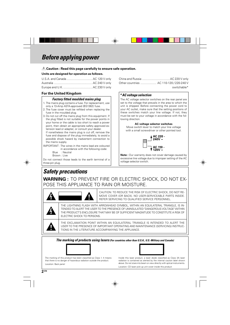 Before applying power, Safety precautions, Factory fitted moulded mains plug | Ac voltage selection, The marking of products using lasers | Kenwood HM-535 User Manual | Page 2 / 48