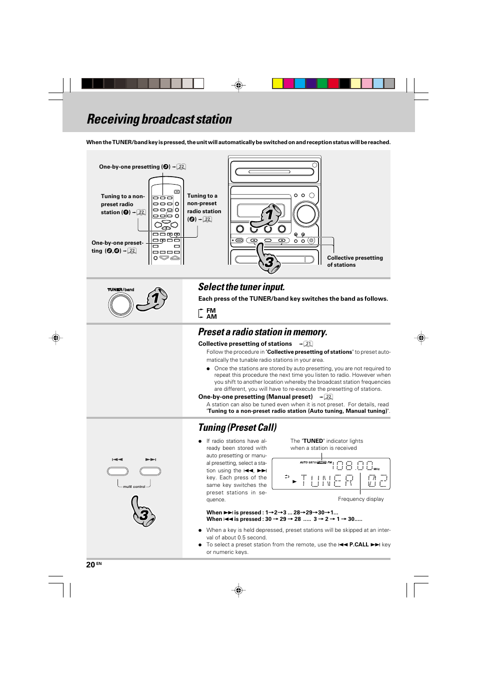 Receiving broadcast station, Select the tuner input, Tuning (preset call) | Kenwood HM-535 User Manual | Page 20 / 48