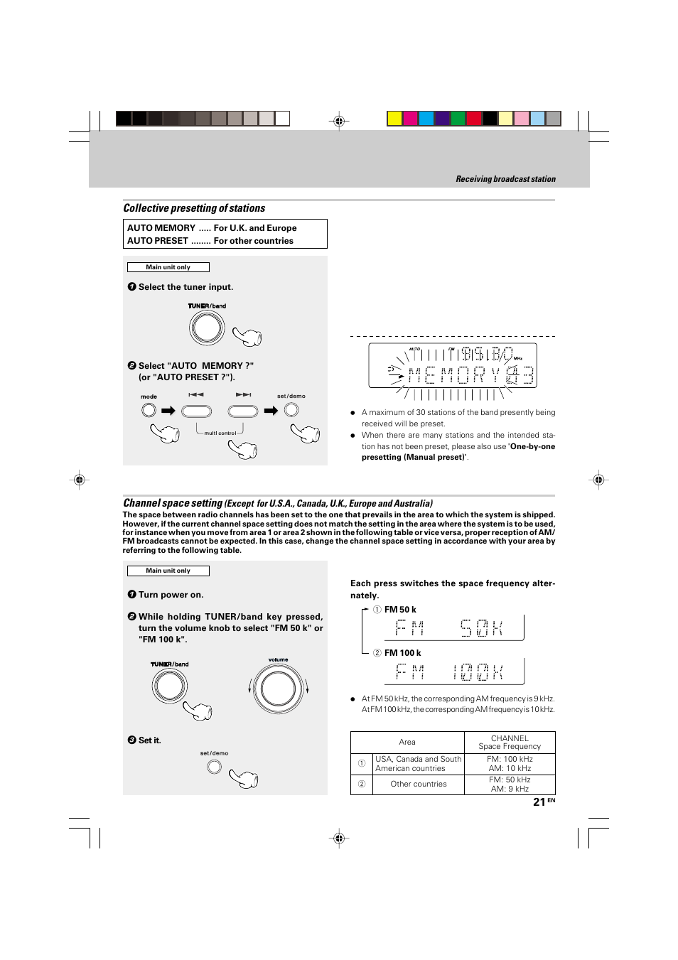 Collective presetting of stations, Channel space setting | Kenwood HM-535 User Manual | Page 21 / 48