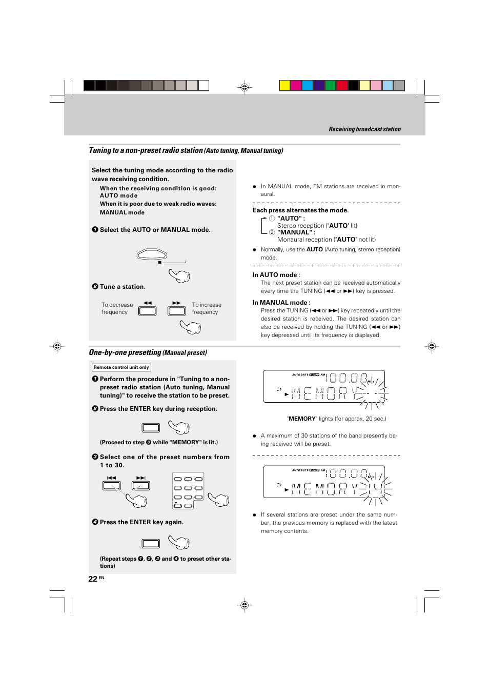 One-by-one presetting, Tuning to a non-preset radio station | Kenwood HM-535 User Manual | Page 22 / 48