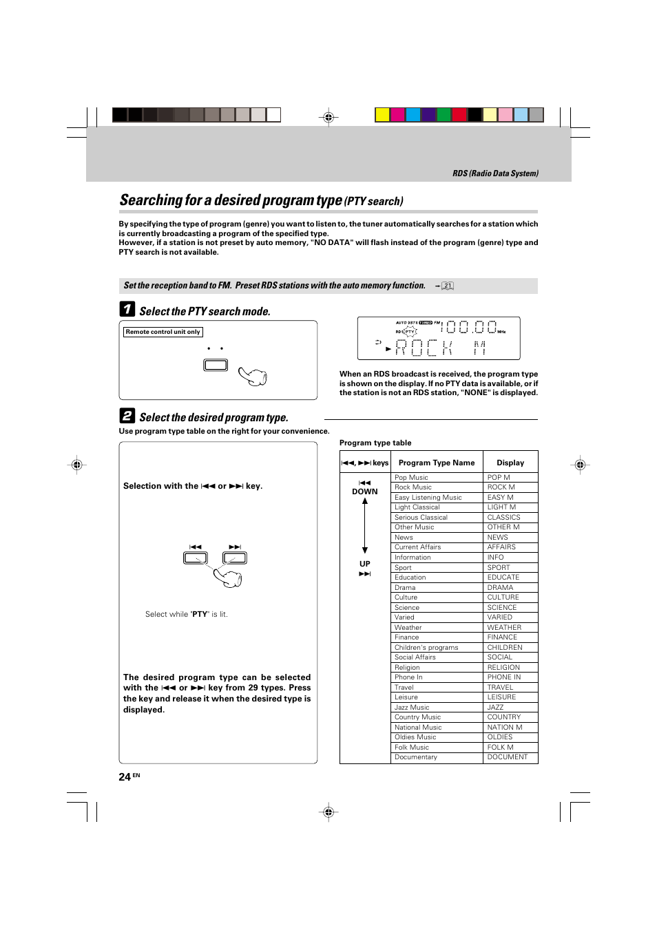 Searching for a desired program type, Pty search) | Kenwood HM-535 User Manual | Page 24 / 48