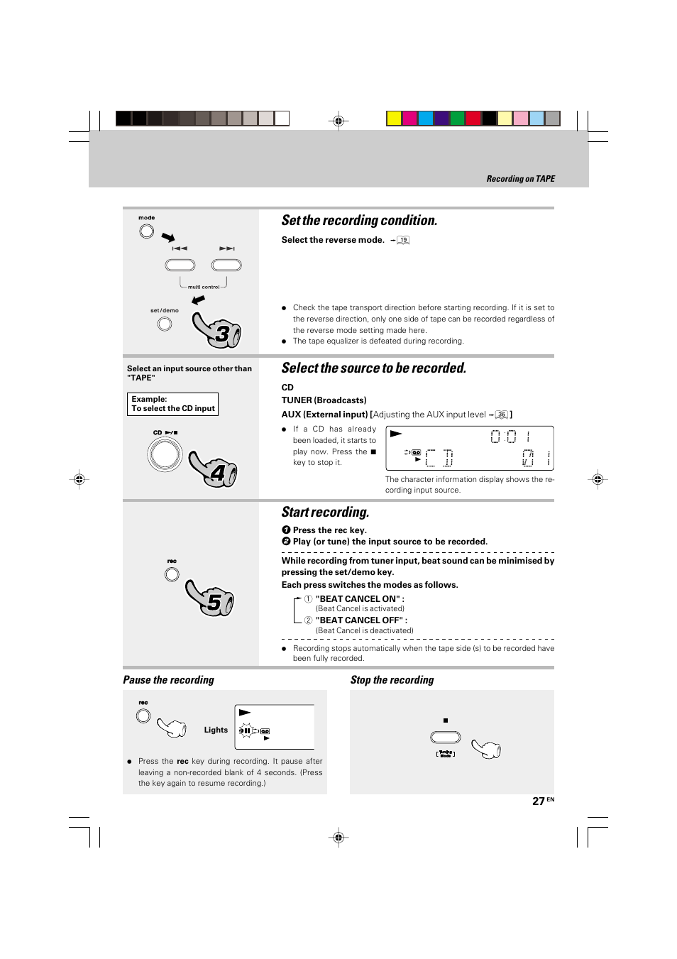 Set the recording condition | Kenwood HM-535 User Manual | Page 27 / 48