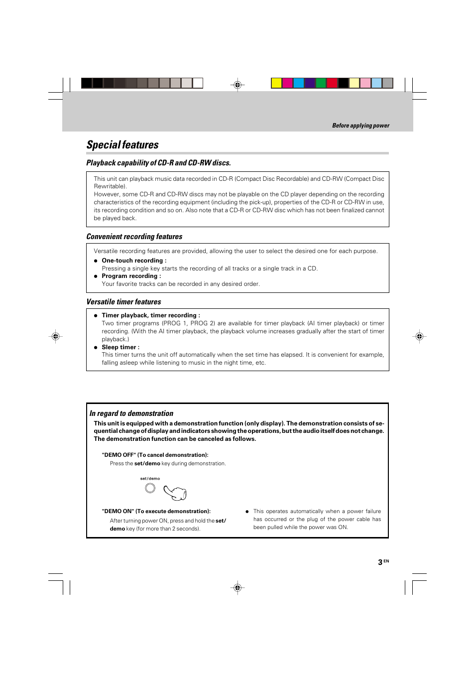 Special features, Versatile timer features, Convenient recording features | Playback capability of cd-r and cd-rw discs | Kenwood HM-535 User Manual | Page 3 / 48