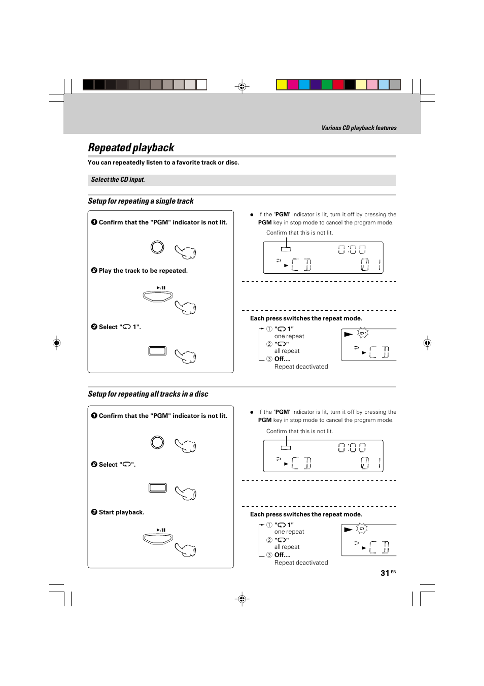 Repeated playback, Setup for repeating a single track, Setup for repeating all tracks in a disc | Kenwood HM-535 User Manual | Page 31 / 48