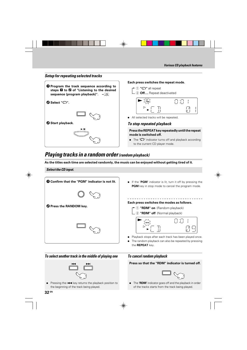 Playing tracks in a random order, Setup for repeating selected tracks, Random playback) | Kenwood HM-535 User Manual | Page 32 / 48